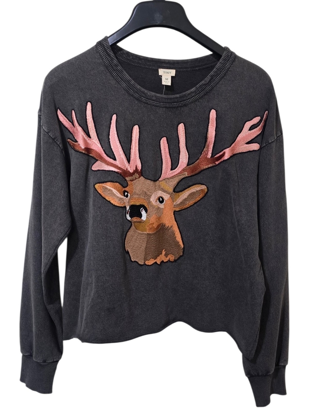 NWOT Anthropologie TINY Deer Embroidered Cropped Crew Cotton Sweatshirt Gray Med